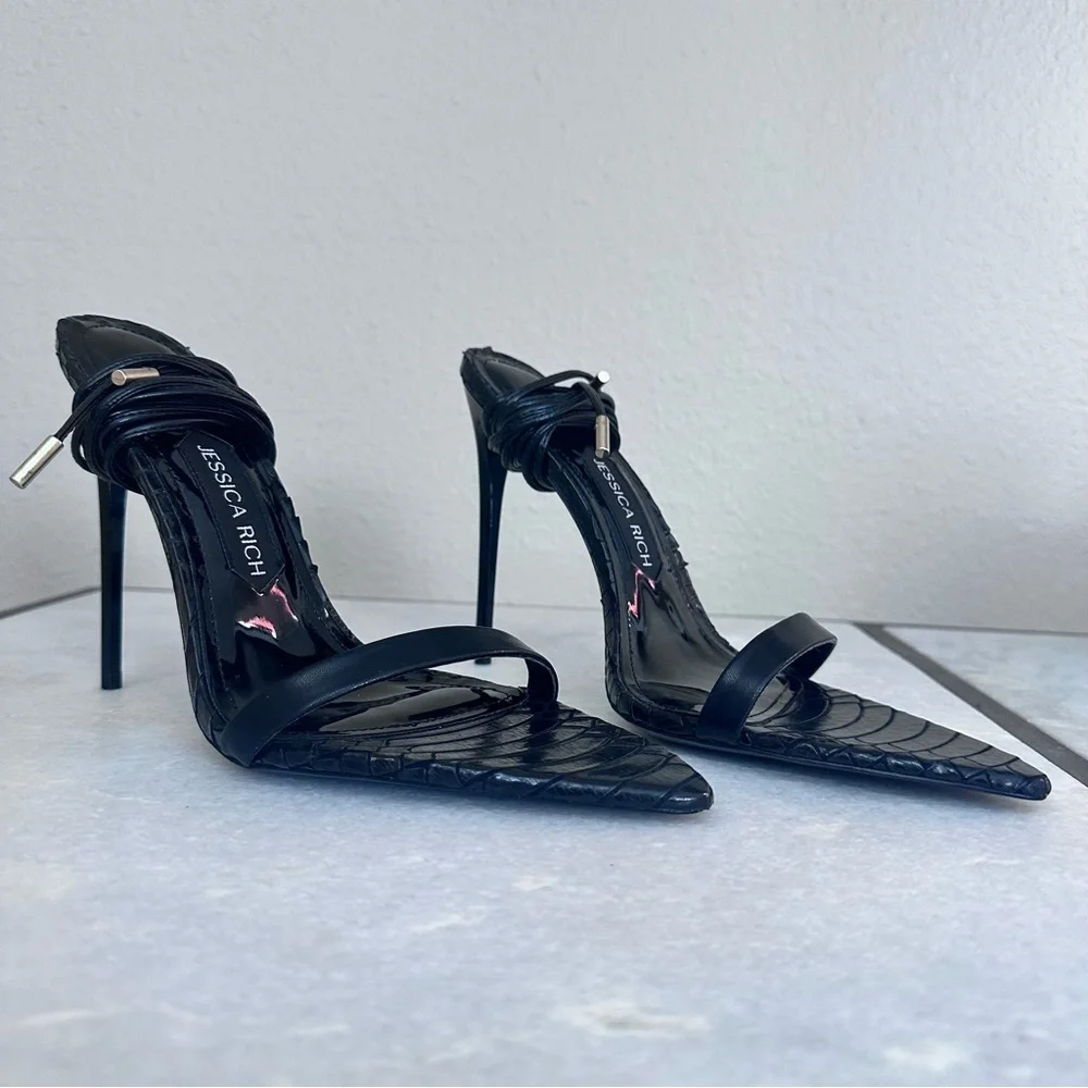 Rich Sandal by Jessica Rich Black Stiletto Lace Up Heels Size 40 / 9.5 - Picture 2 of 16
